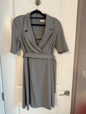 Calvin Klein Light Gray Wrap Midi Dress with Belt